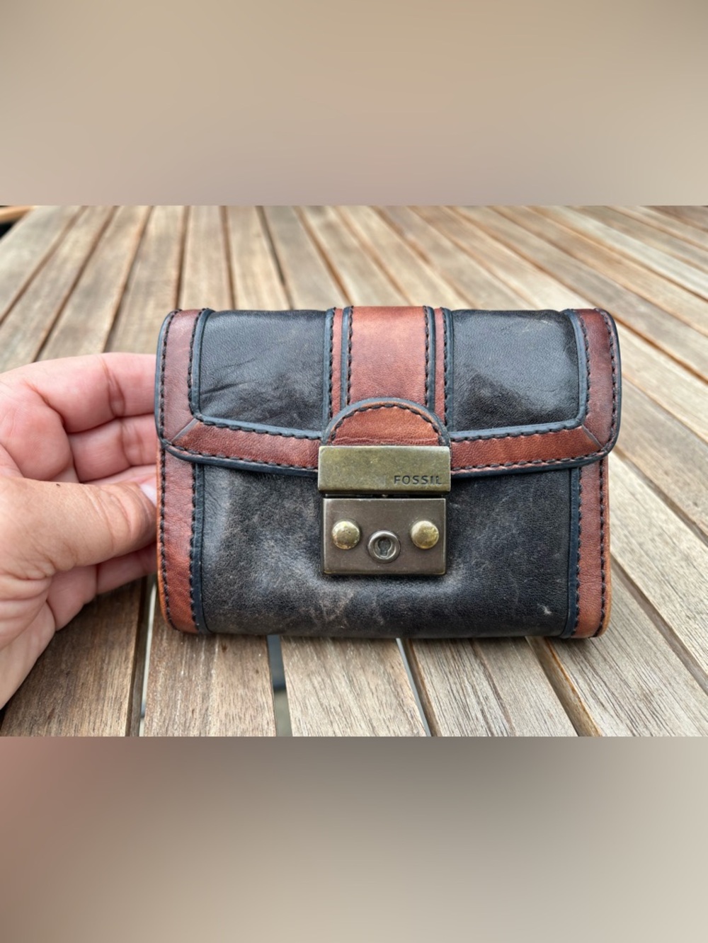 Vintage Fossil Leather Wallet Y2K Two-Tone Brown Black Clasp Coin Zip Bifold